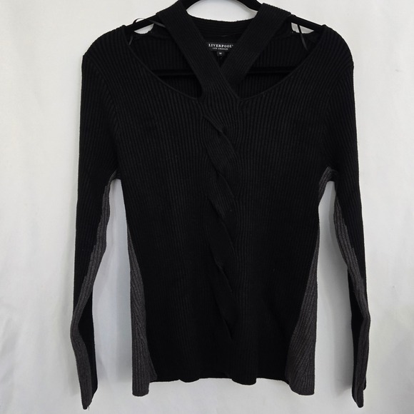 Liverpool Los Angeles M Black Ribbed Sweater Criss Cross Neck Colorblock Knit - Picture 4 of 11